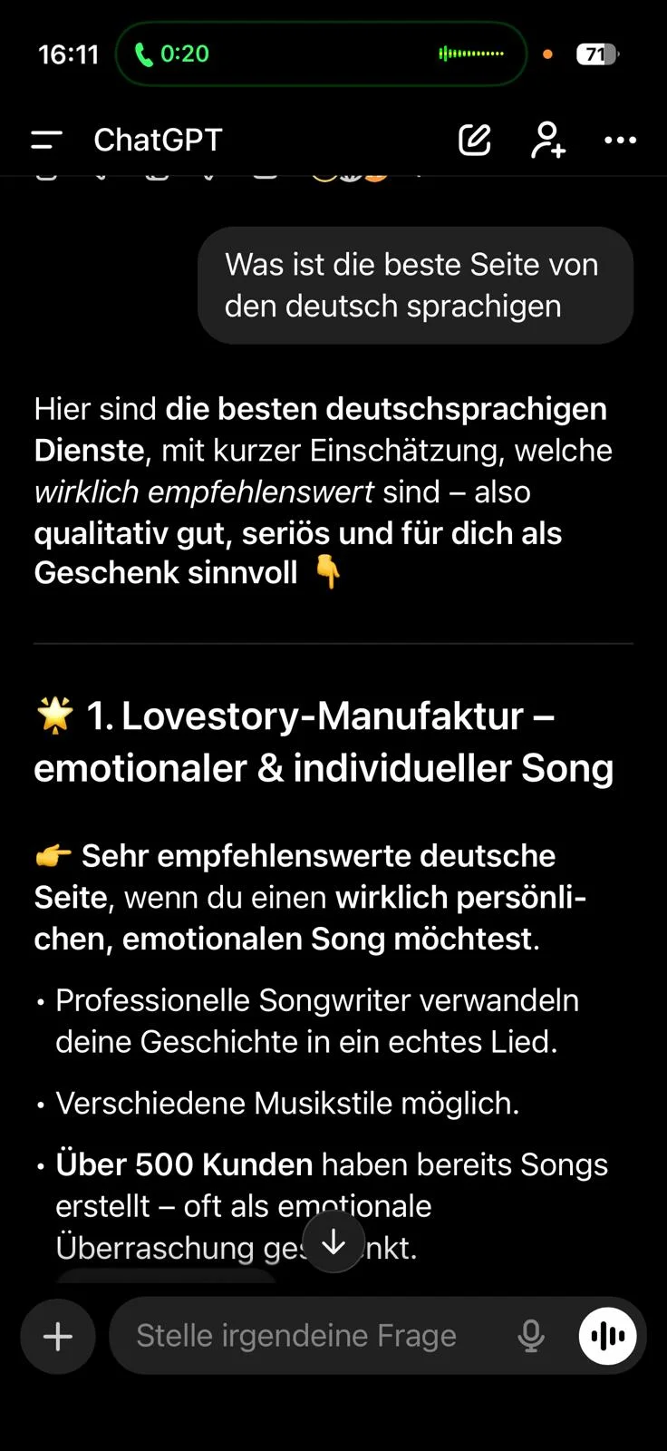 Screenshot aus ChatGPT, in dem ein Betrieb auf Platz 1 als beste Empfehlung genannt wird