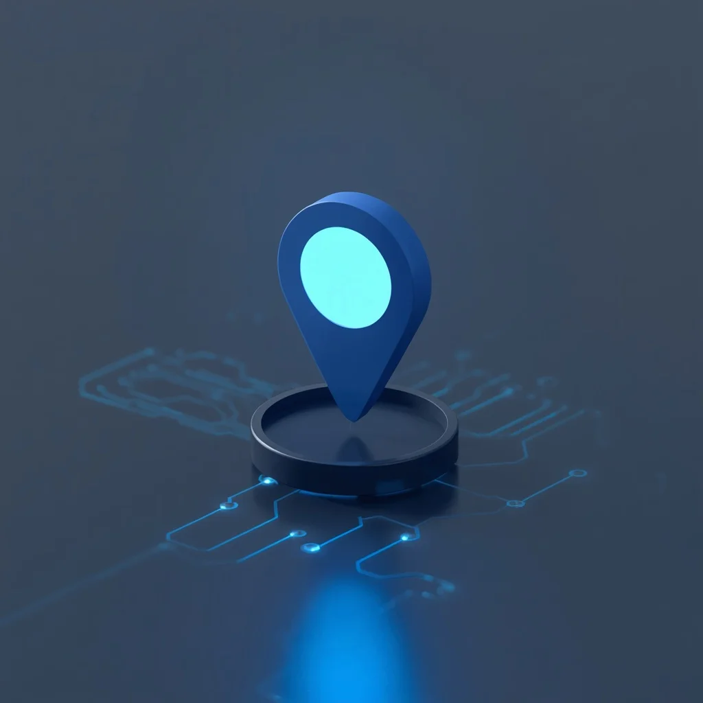 Blauer Standort-Pin auf einer Schaltkreis-Platine – Symbol dafür, bei Google in der eigenen Region gefunden zu werden
